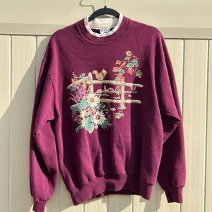 Vintage Maroon Sweatshirt with Floral Embroidery